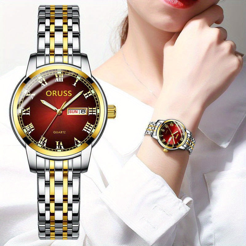 Women's Stainless Steel Quartz Watch with Luminous Dial and Date Display
