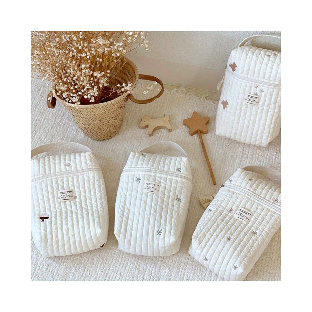 Bolsa de pañales de algodón con bordado acolchado, cremallera para cochecito y almacenamiento en bolsa húmeda