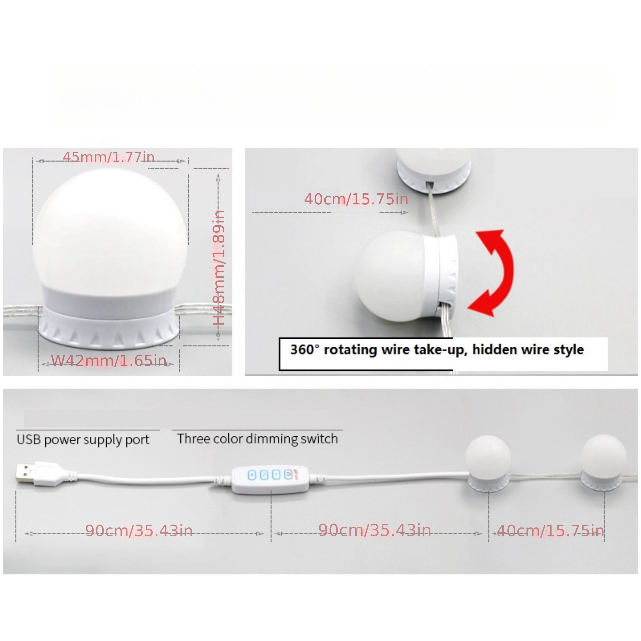 LED Makeup Mirror with Three-Color Front Light and Spherical Bulb