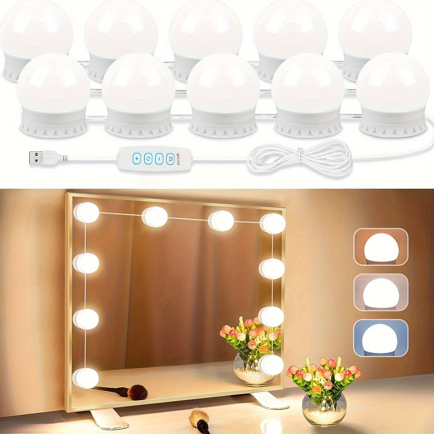 LED Makeup Mirror with Three-Color Front Light and Spherical Bulb