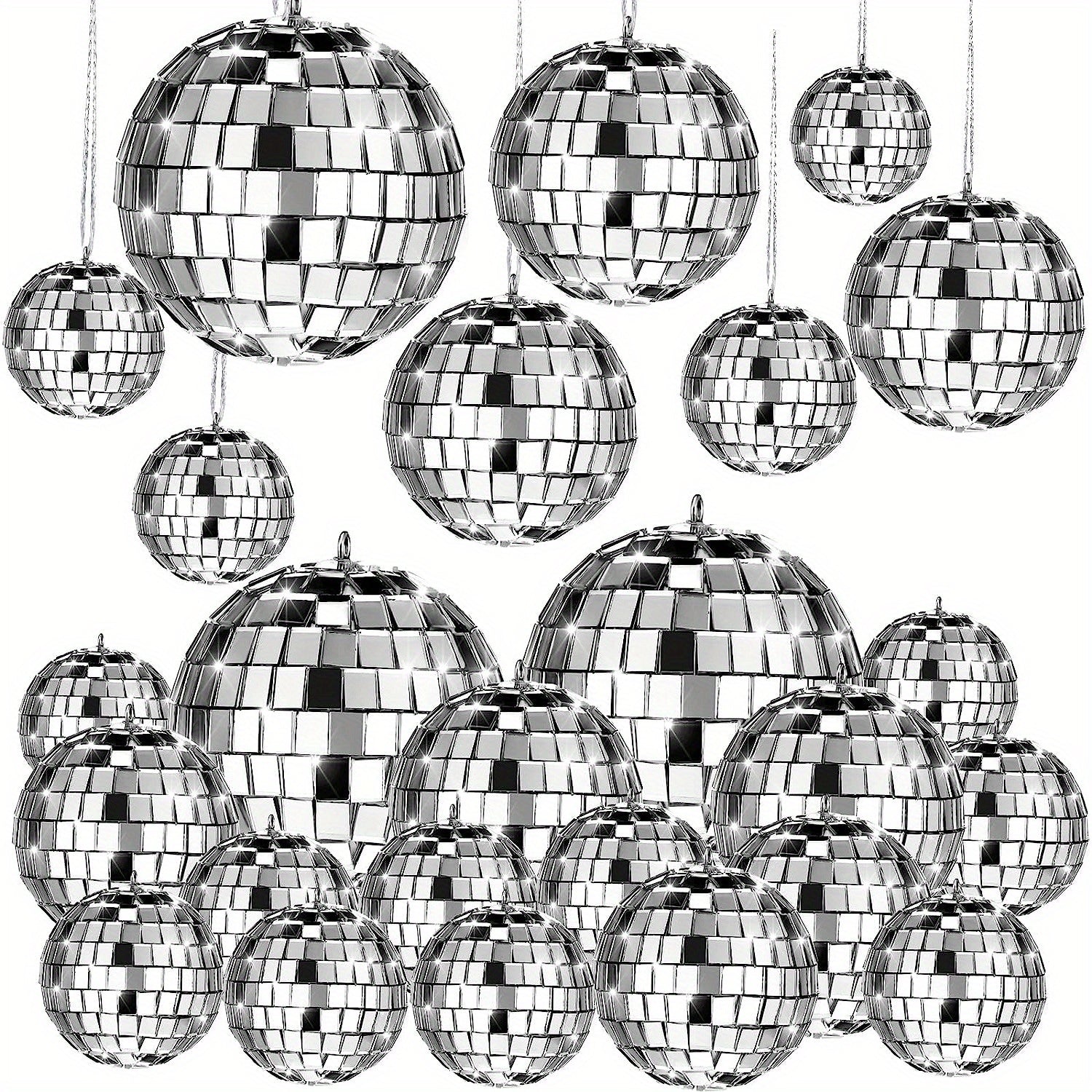 20 Piece Hanging Mirror Disco Ball Ornaments Assorted Sizes 6.1cm 5.08cm 4.06cm 3.05cm Silver Plastic Decorations