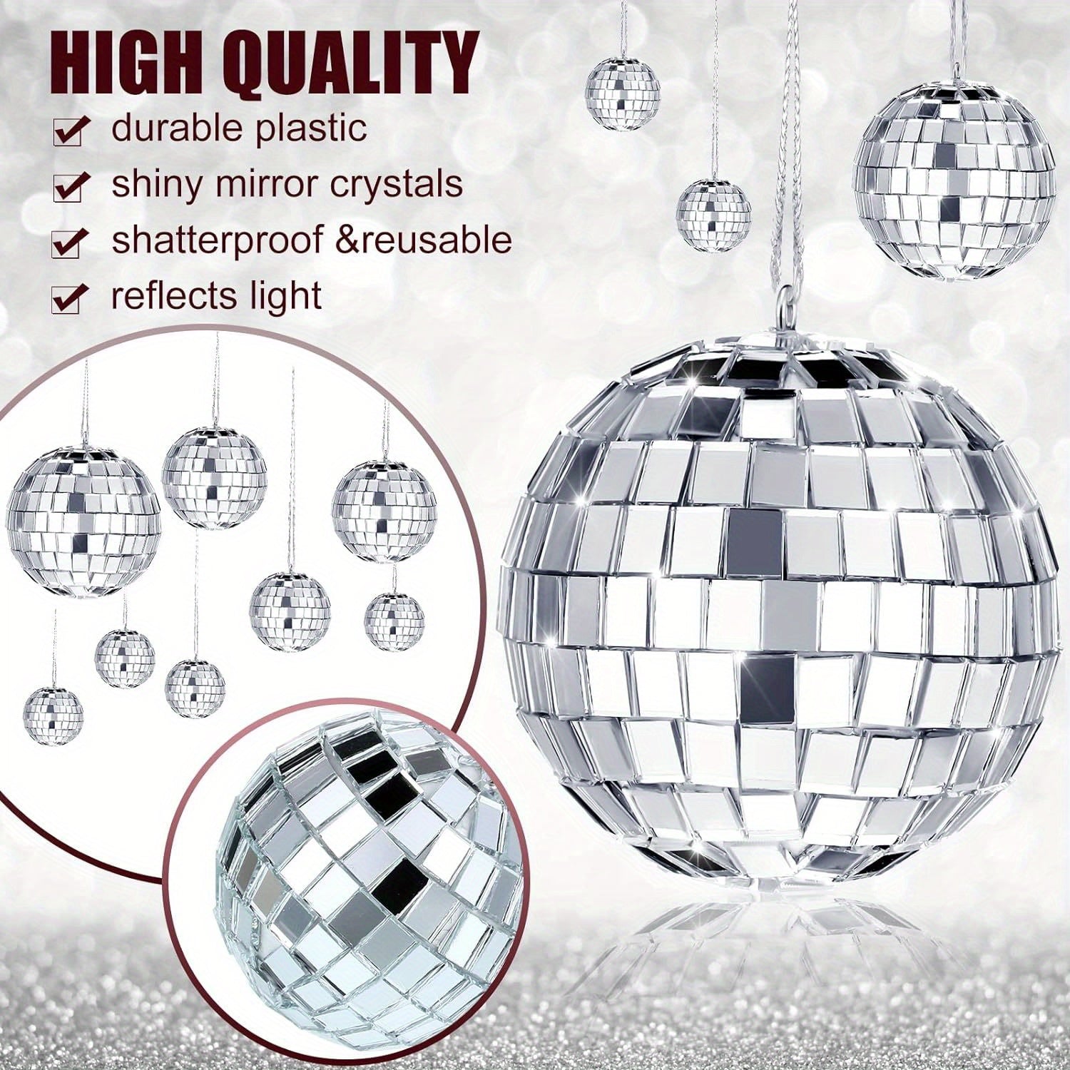 20 Piece Hanging Mirror Disco Ball Ornaments Assorted Sizes 6.1cm 5.08cm 4.06cm 3.05cm Silver Plastic Decorations