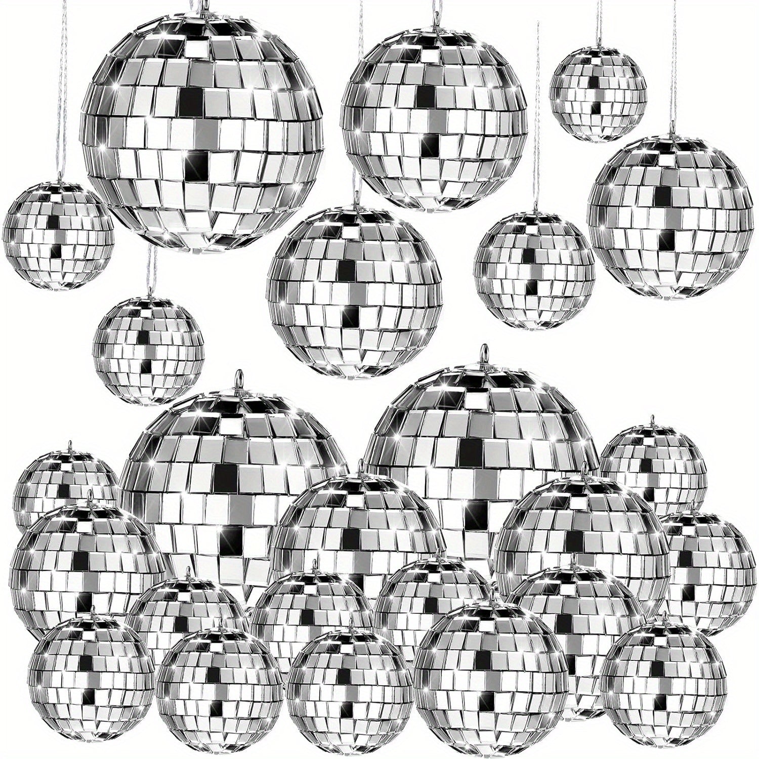20 Piece Hanging Mirror Disco Ball Ornaments Assorted Sizes 6.1cm 5.08cm 4.06cm 3.05cm Silver Plastic Decorations