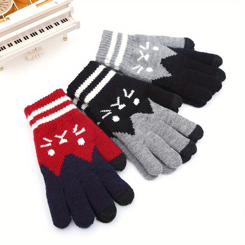 Women's Winter Touch Screen Gloves with Jacquard Cat Design and Warm Polyester