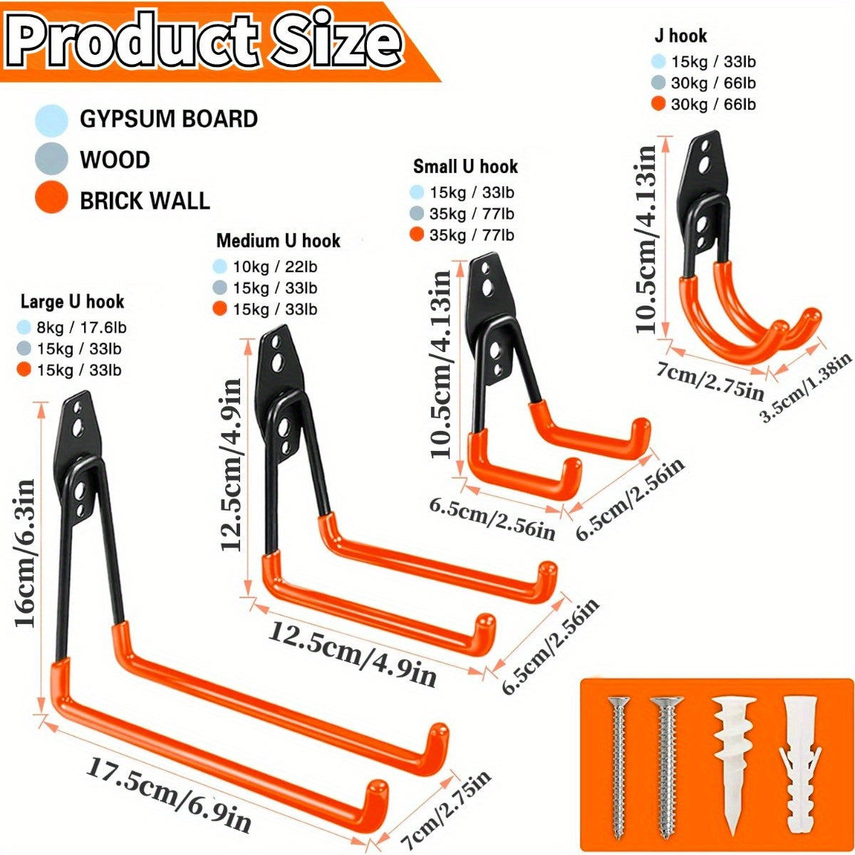 Ganchos de garaje de 3 piezas en color naranja para herramientas eléctricas, escaleras, bicicletas y almacenamiento