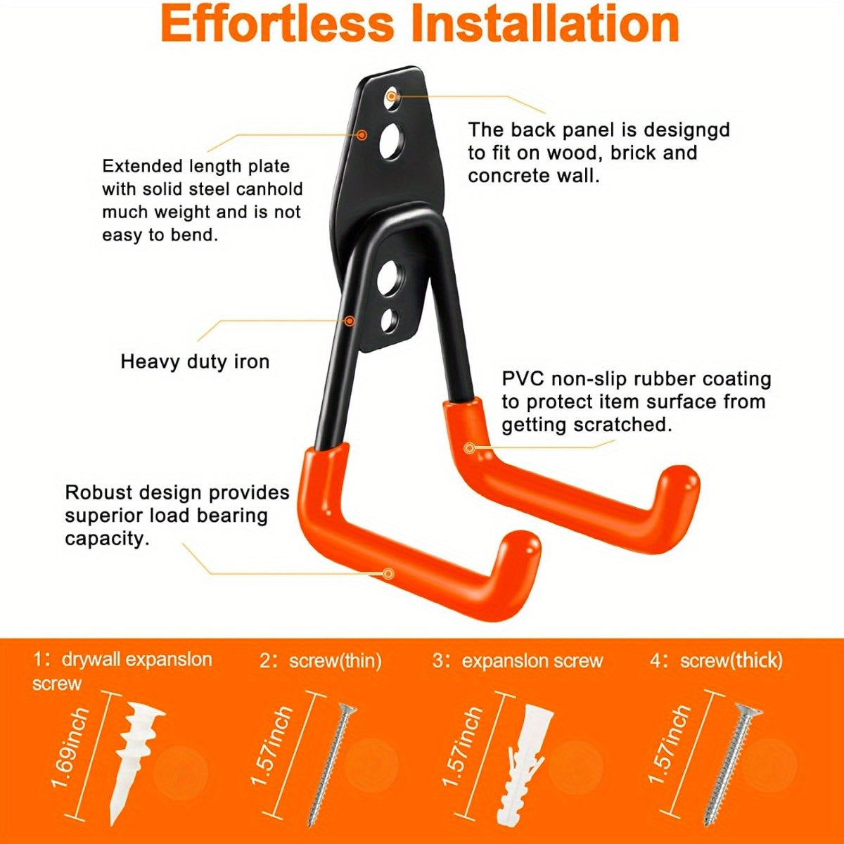 Ganchos de garaje de 3 piezas en color naranja para herramientas eléctricas, escaleras, bicicletas y almacenamiento