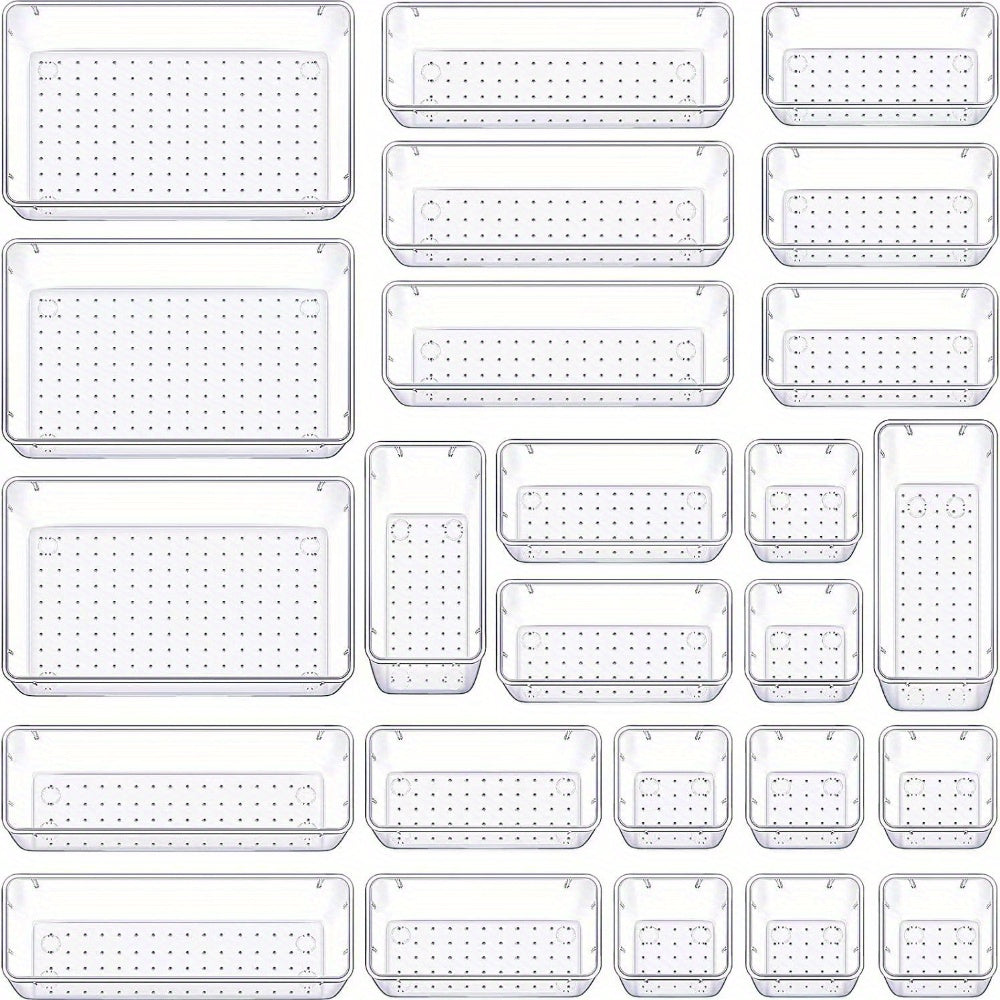 25-Piece Clear Plastic Storage Organizer Set in 4 Sizes for Cosmetics Office Supplies and Tableware