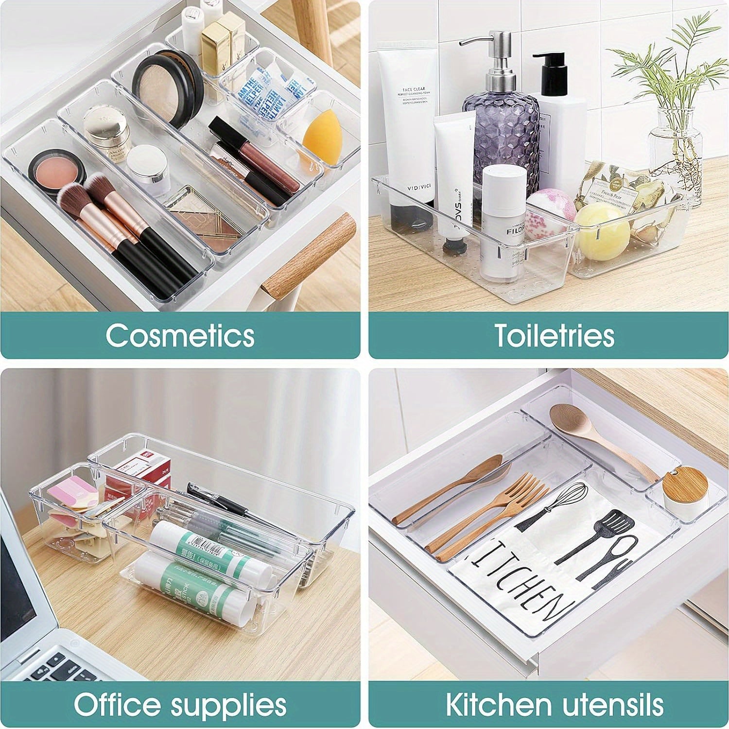 25-Piece Clear Plastic Storage Organizer Set in 4 Sizes for Cosmetics Office Supplies and Tableware