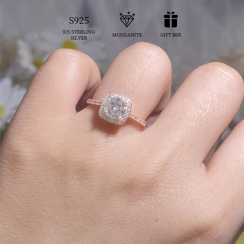 Anillo de compromiso de moissanita de 1 quilate para ella, caja de regalo de plata hipoalergénica