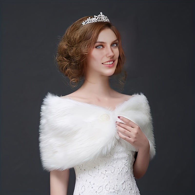 Women's White Faux Fur Shawl Bridal Cape for Autumn Winter Elegant Wedding Accessory
