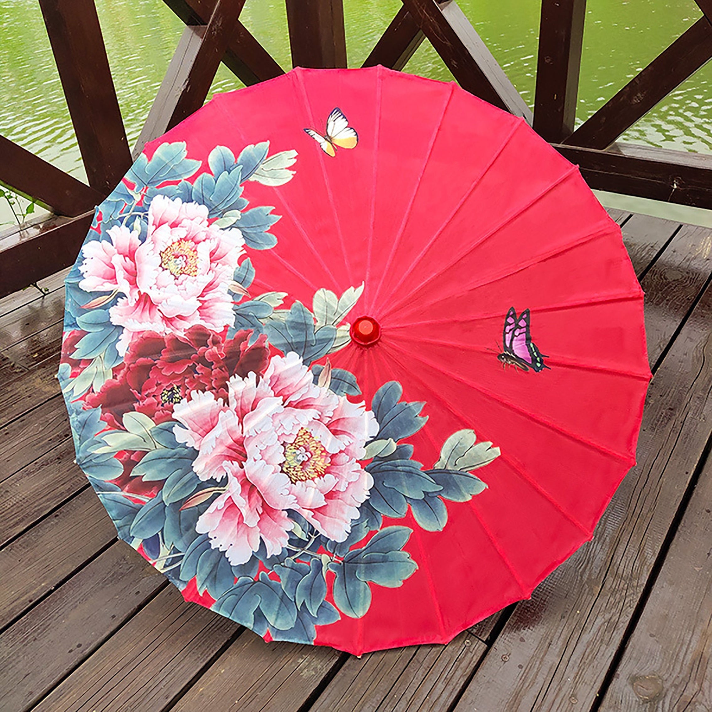 Chinese Cherry Blossom Parasol Umbrella with Silk Cloth Sun and Rain Protection