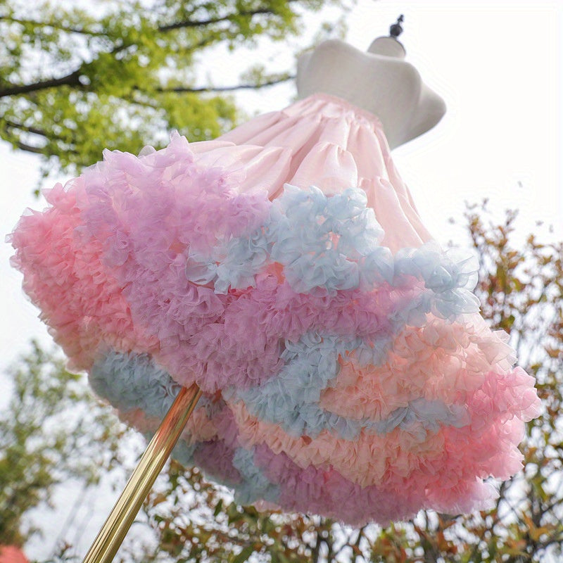 Rainbow Design Fluffy Skirt with Soft Gauze and Volume Support for Cosplay