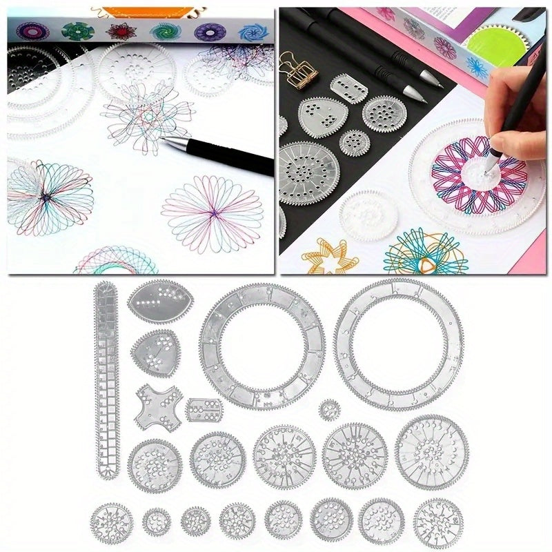 22-Piece Transparent Ruler Set for Spiral Diagram Drawing with Magic Templates