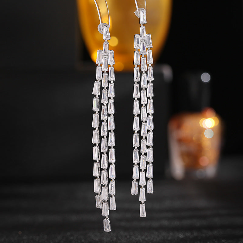 Wedding Jewelry Earrings with Zirconia Square Chain Tassel Design