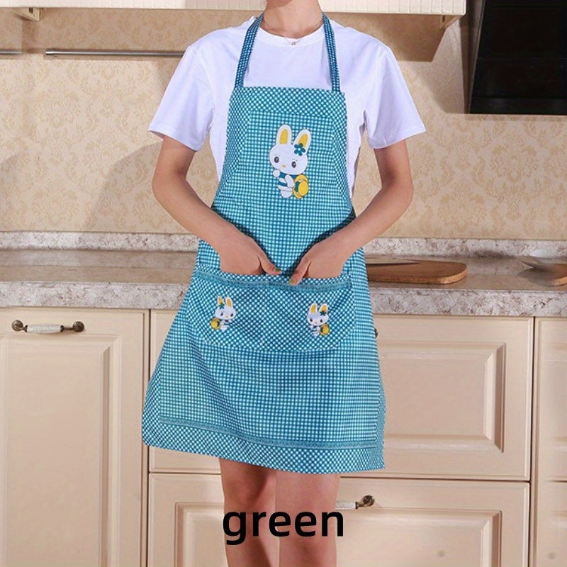 Blue and White Checkered Apron with Rabbit Design, Oil & Dirt Resistant Polyester, Lightweight for Cooking Gardening and Baking