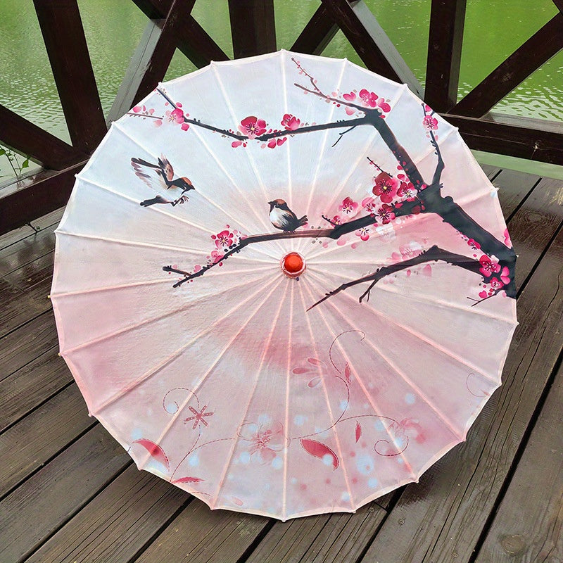 Chinese Cherry Blossom Parasol Umbrella with Bamboo Handle for Sun Rain Protection Weddings Parties