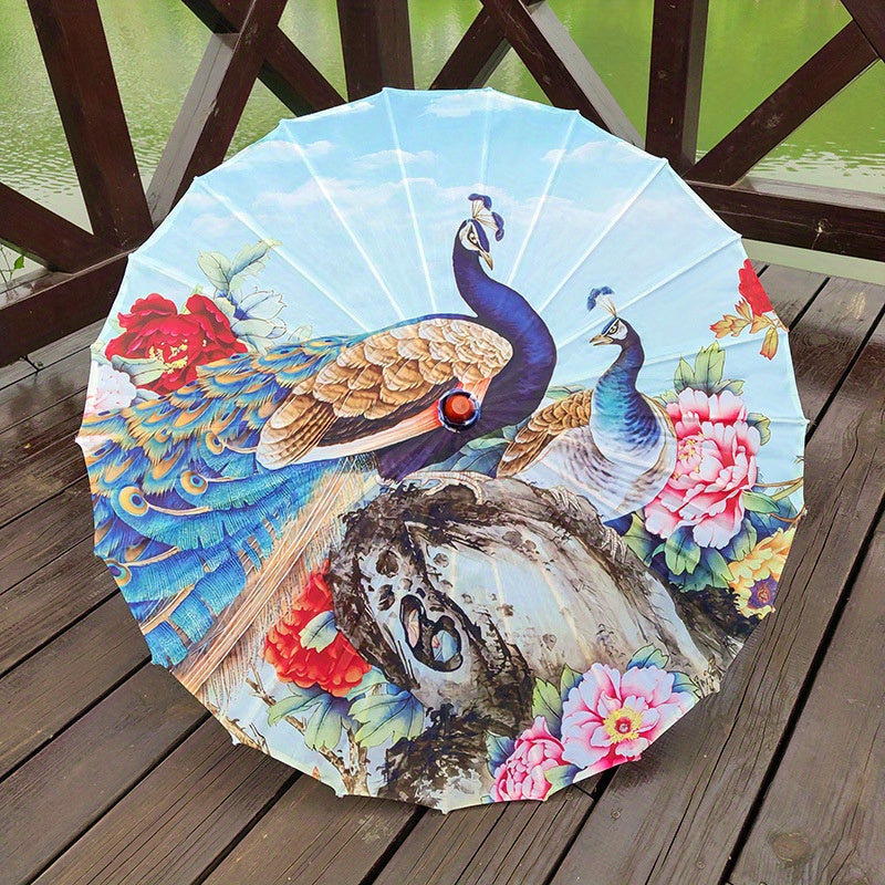 Chinese Cherry Blossom Parasol Umbrella with Bamboo Handle for Sun Rain Protection Weddings Parties