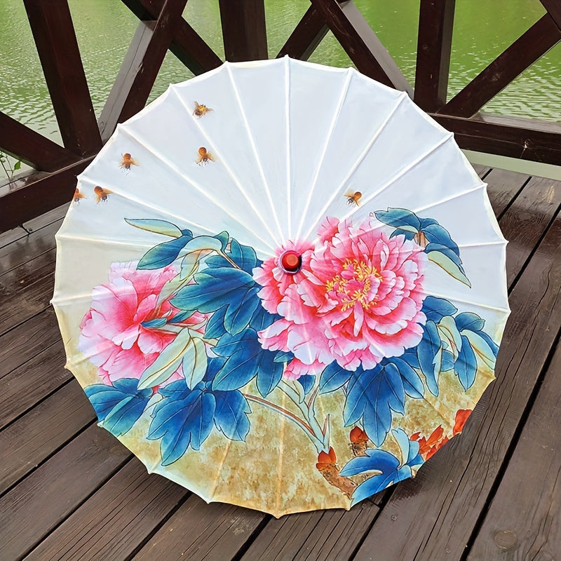 Chinese Cherry Blossom Parasol Umbrella with Bamboo Handle for Sun Rain Protection Weddings Parties