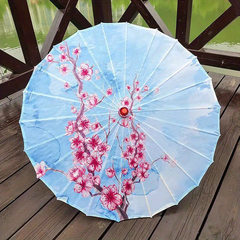 Chinese Cherry Blossom Parasol Umbrella with Bamboo Handle for Sun Rain Protection Weddings Parties