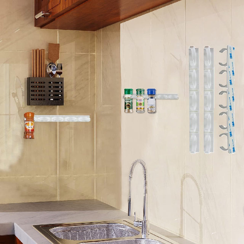 Devorga o'rnatiladigan oshxona ziravorlari idishlari uchun tokcha, 20 ta klipli ziravorlar kliplari bilan. Ushbu saqlash tokchasi 4 dona ziravorlar idishlari va shishalarini ushlab turadi, lentani ishlatib shkaflar yoki eshiklarga o'rnatilishi mumkin.