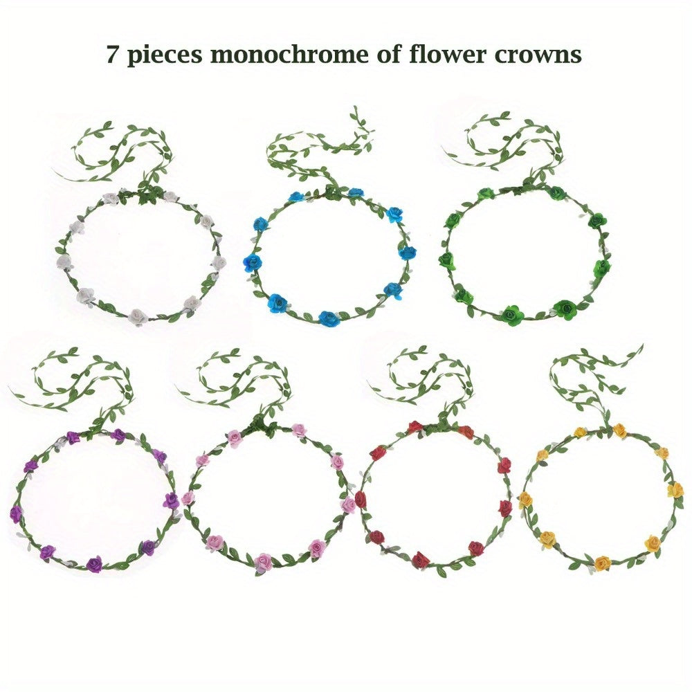 Bohemian Floral Garland Headband with 7-Piece Flower Wreath for Weddings and Parties