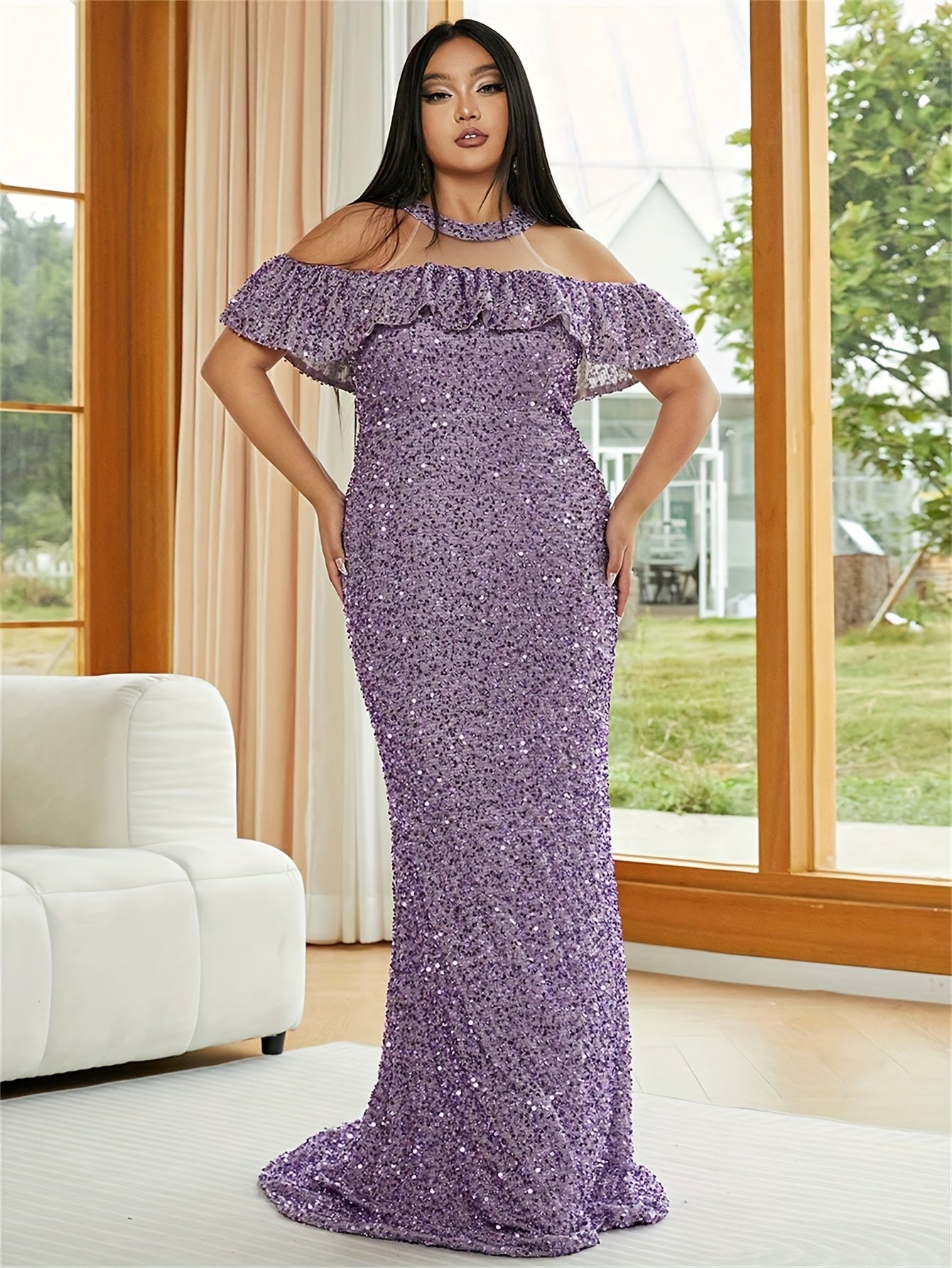 Plus Size Women's Off Shoulder Sequin Halter Dress Ruffle Long Sleeve Purple Evening Gown