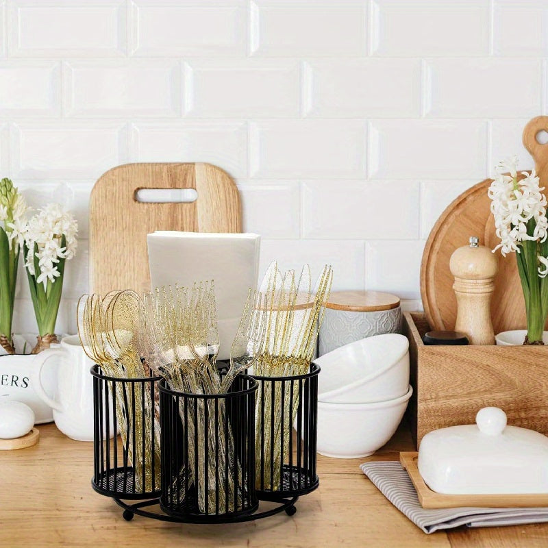 Household Dish Rack with Rotating Silverware Organizer for Countertop Storage