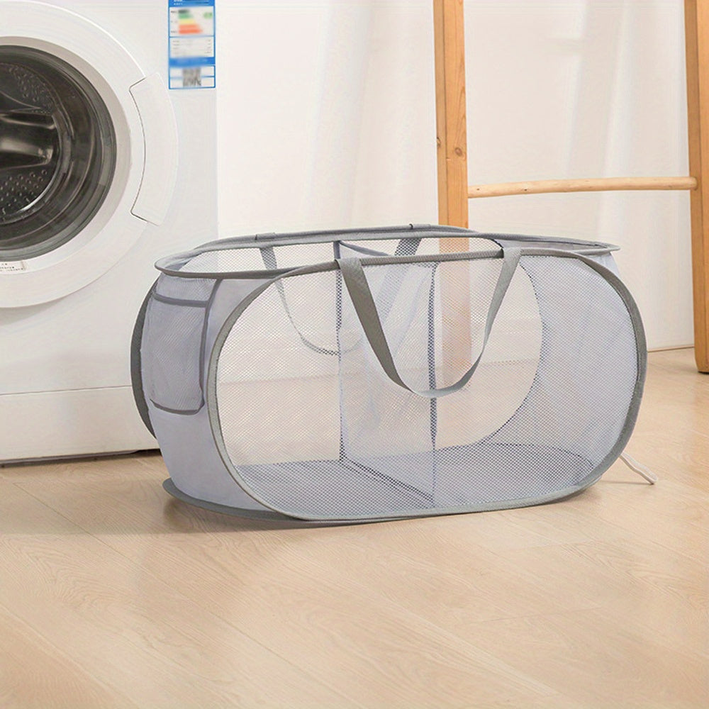 Foldable Laundry Basket with Wide Opening and Side Pocket for Home Storage