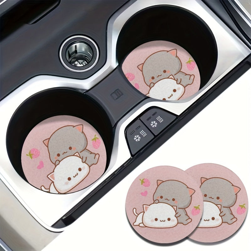2 Pcs Pink Strawberry Cartoon Cat Car Cup Coasters Absorbent NonSlip