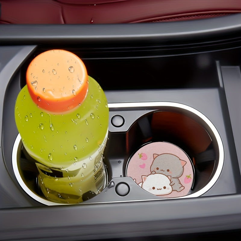 2 Pcs Pink Strawberry Cartoon Cat Car Cup Coasters Absorbent NonSlip