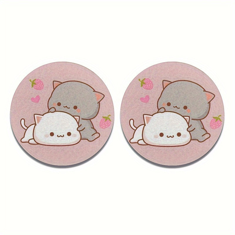 2 Pcs Pink Strawberry Cartoon Cat Car Cup Coasters Absorbent NonSlip