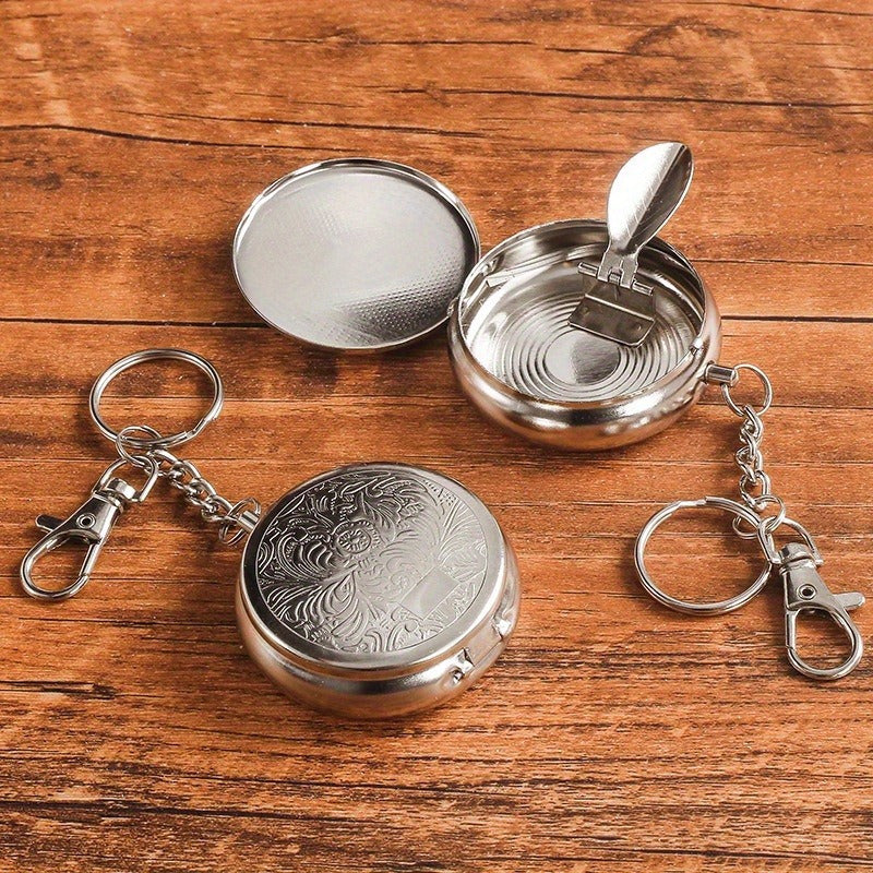 Men Stainless Steel Portable Keychain Ashtray Mini Outdoor Travel Accessory