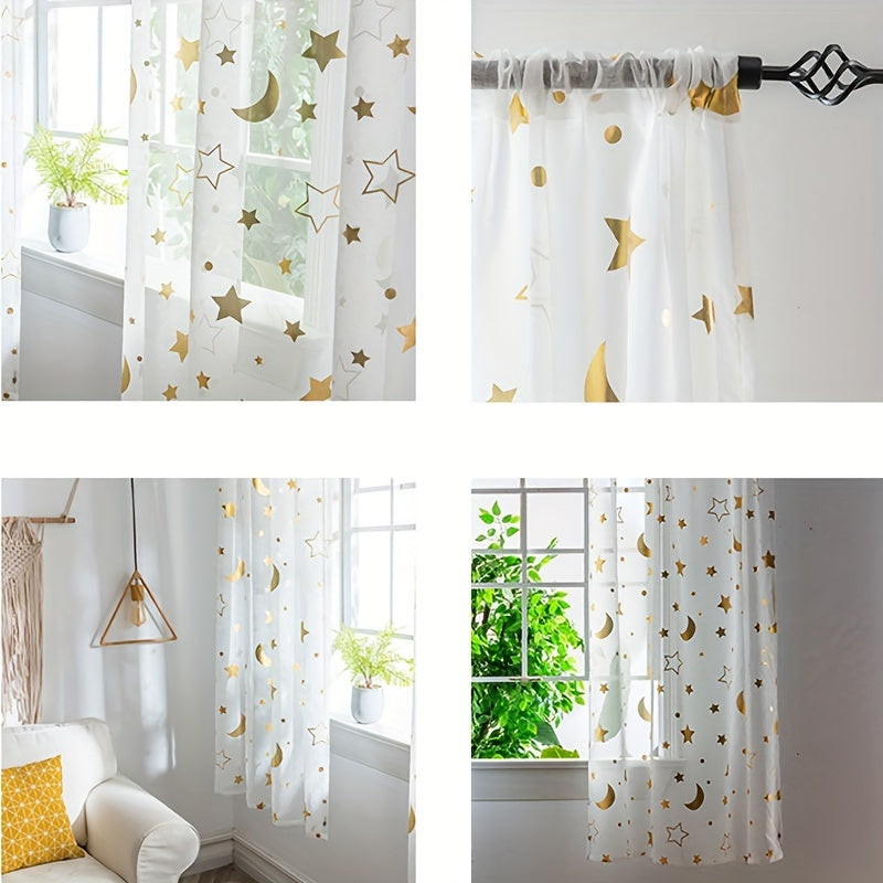 White Tulle Curtains with Silver and Gold Star Moon Cartoon Design for Kids Room