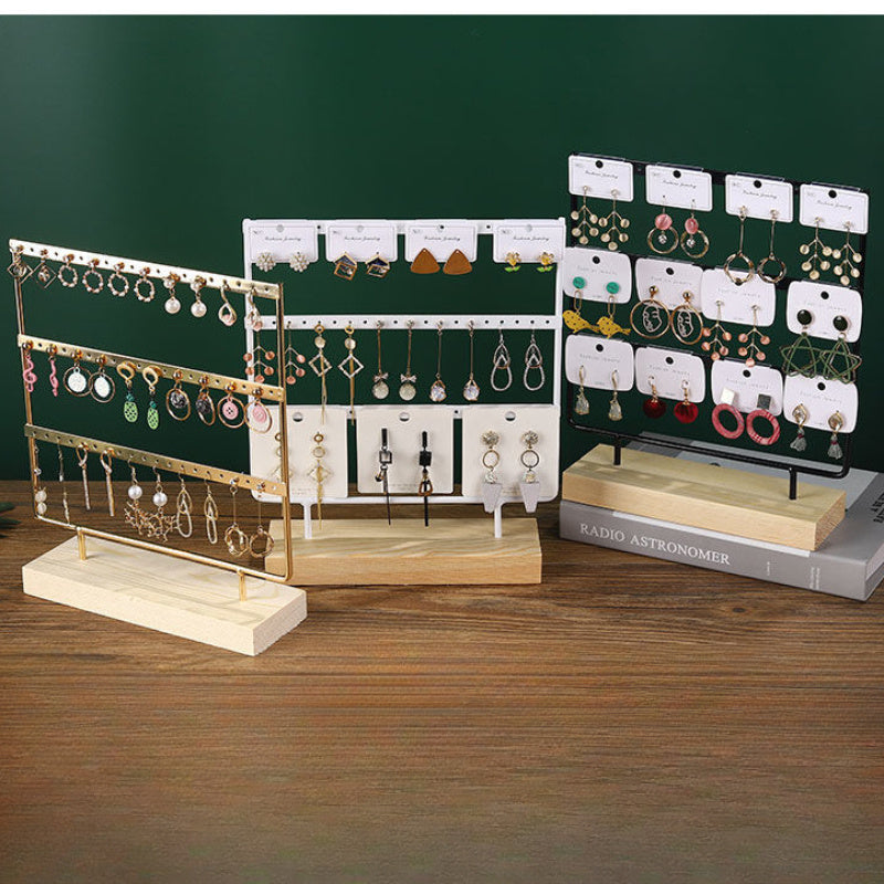 Wooden Earring Display Stand with Iron Hanging Jewelry Organizer for Studs