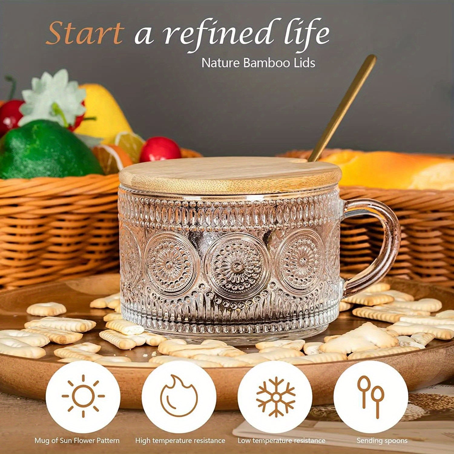 Vintage Glass Coffee Mugs with Wooden Lids Stackable for Cappuccino Latte Cereal Yogurt