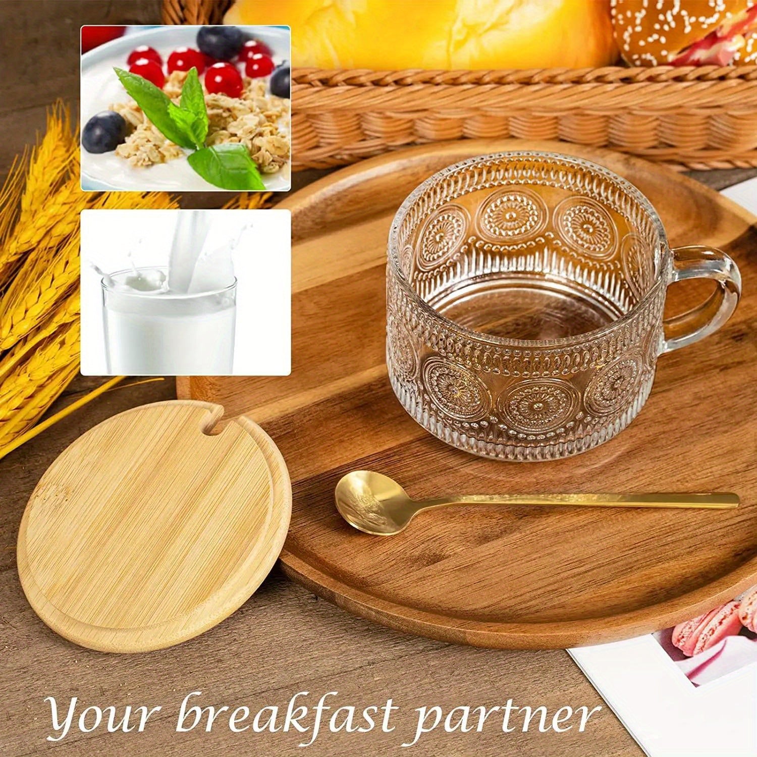 Vintage Glass Coffee Mugs with Wooden Lids Stackable for Cappuccino Latte Cereal Yogurt