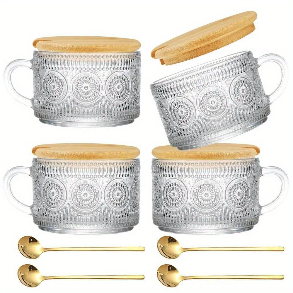 Vintage Glass Coffee Mugs with Wooden Lids Stackable for Cappuccino Latte Cereal Yogurt