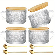 Vintage Glass Coffee Mugs with Wooden Lids Stackable for Cappuccino Latte Cereal Yogurt