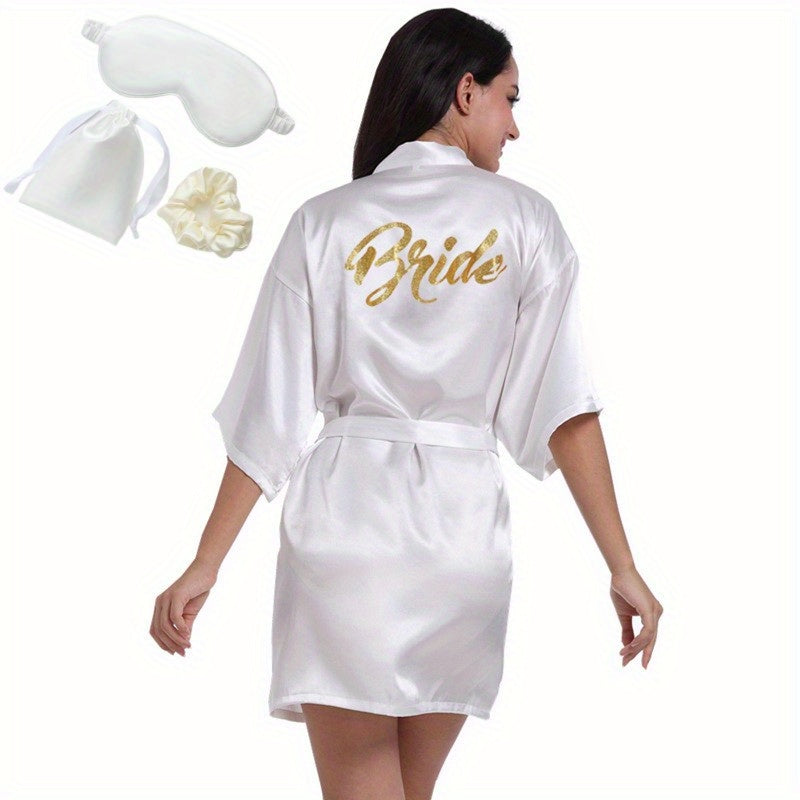 Silk Satin Bride Robe Set with Eye Mask and Scrunchie Monogram Sleepwear for Wedding Parties