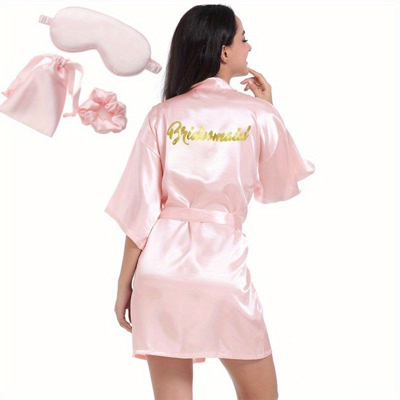 Silk Satin Bride Robe Set with Eye Mask and Scrunchie Monogram Sleepwear for Wedding Parties
