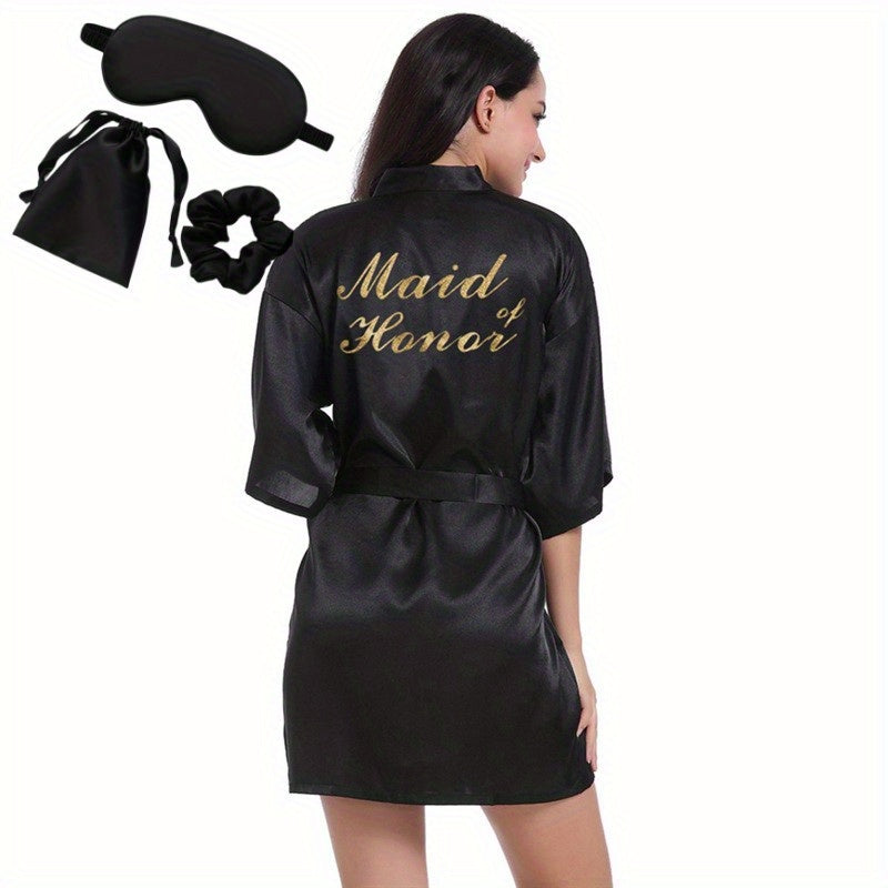 Silk Satin Bride Robe Set with Eye Mask and Scrunchie Monogram Sleepwear for Wedding Parties