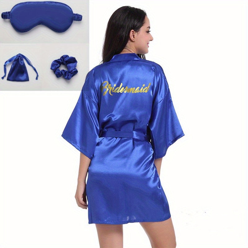 Silk Satin Bride Robe Set with Eye Mask and Scrunchie Monogram Sleepwear for Wedding Parties