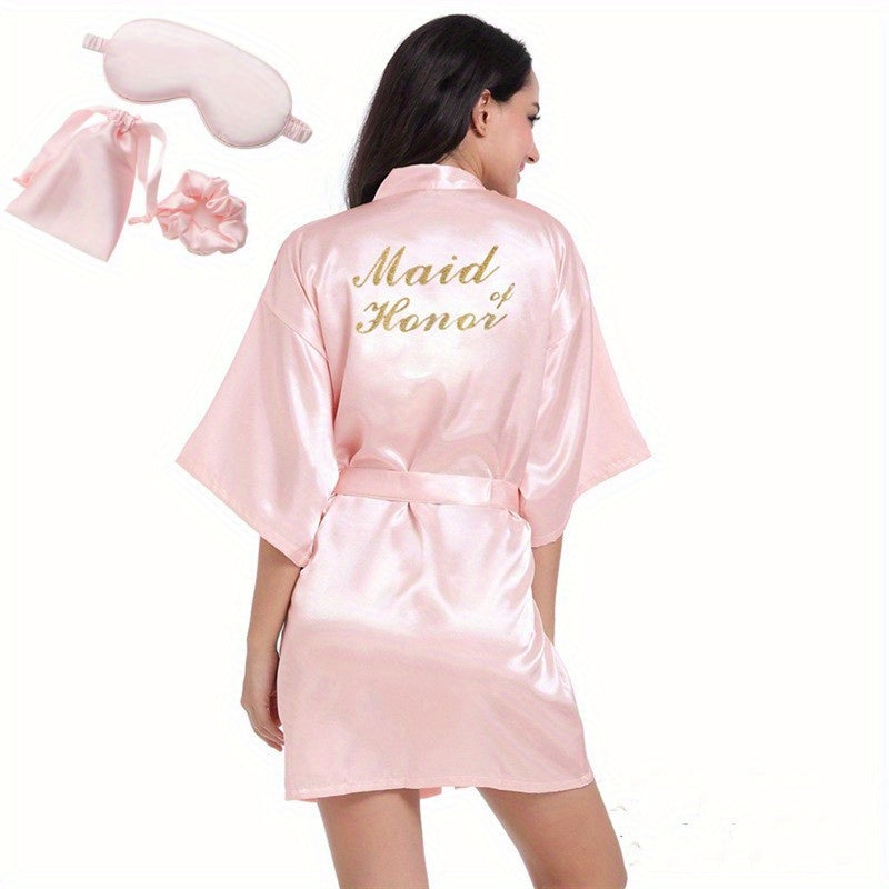 Silk Satin Bride Robe Set with Eye Mask and Scrunchie Monogram Sleepwear for Wedding Parties