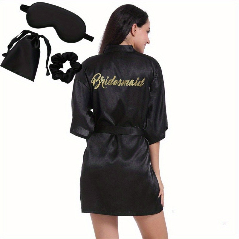 Silk Satin Bride Robe Set with Eye Mask and Scrunchie Monogram Sleepwear for Wedding Parties