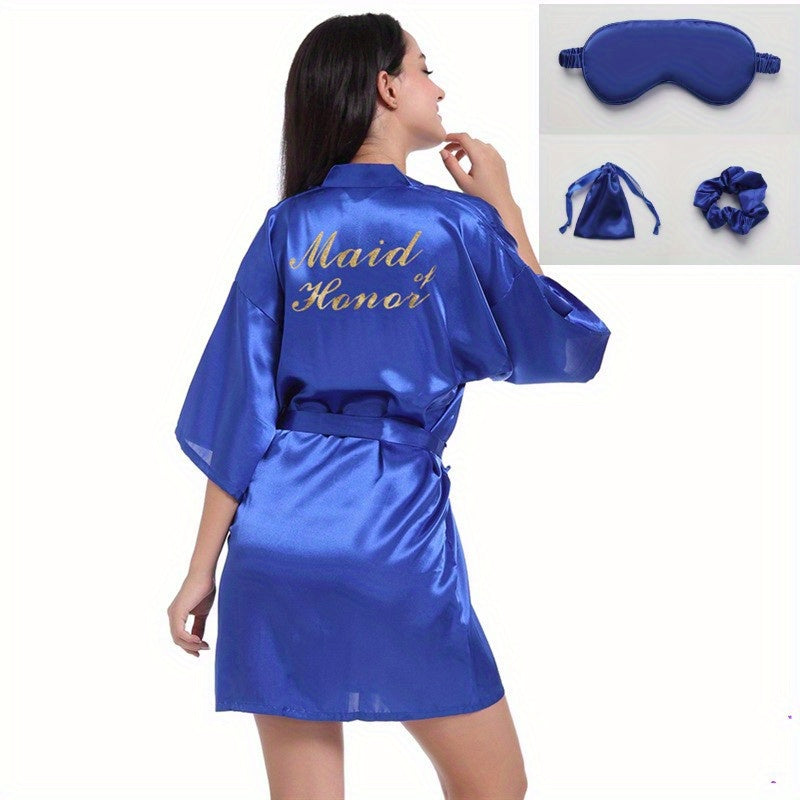 Silk Satin Bride Robe Set with Eye Mask and Scrunchie Monogram Sleepwear for Wedding Parties