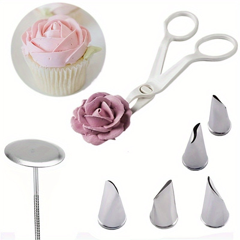 7-Piece Cake Decorating Tools Set Including Rose and Mouth Mounting Tools, Scissors, Nails