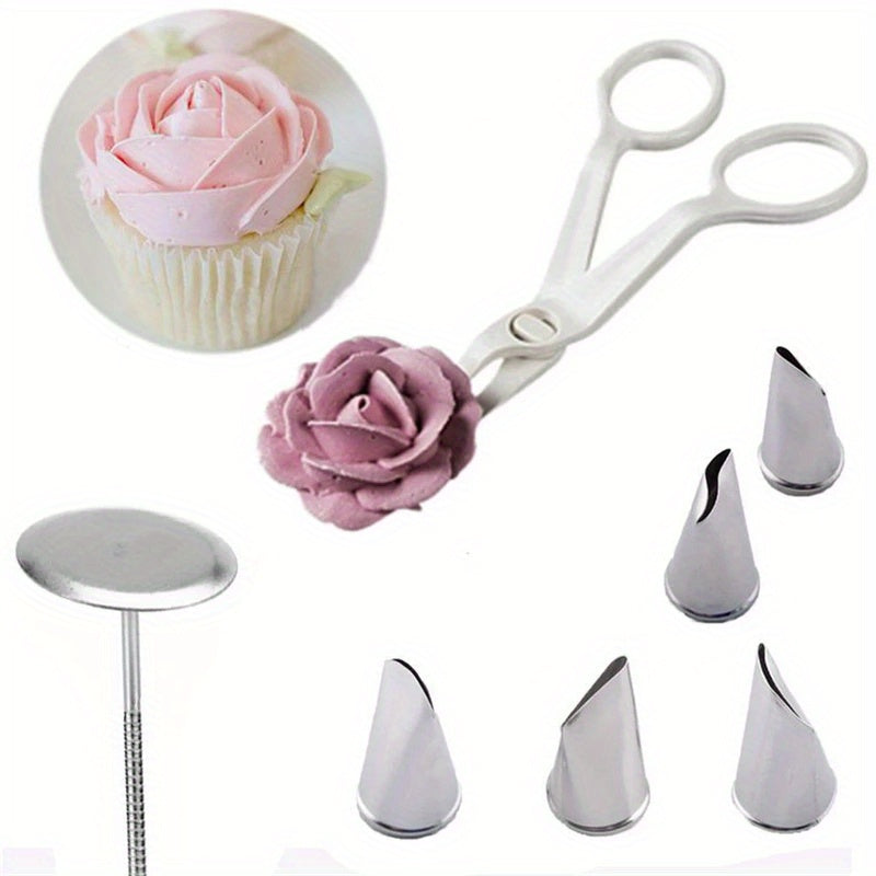 7-Piece Cake Decorating Tools Set Including Rose and Mouth Mounting Tools, Scissors, Nails