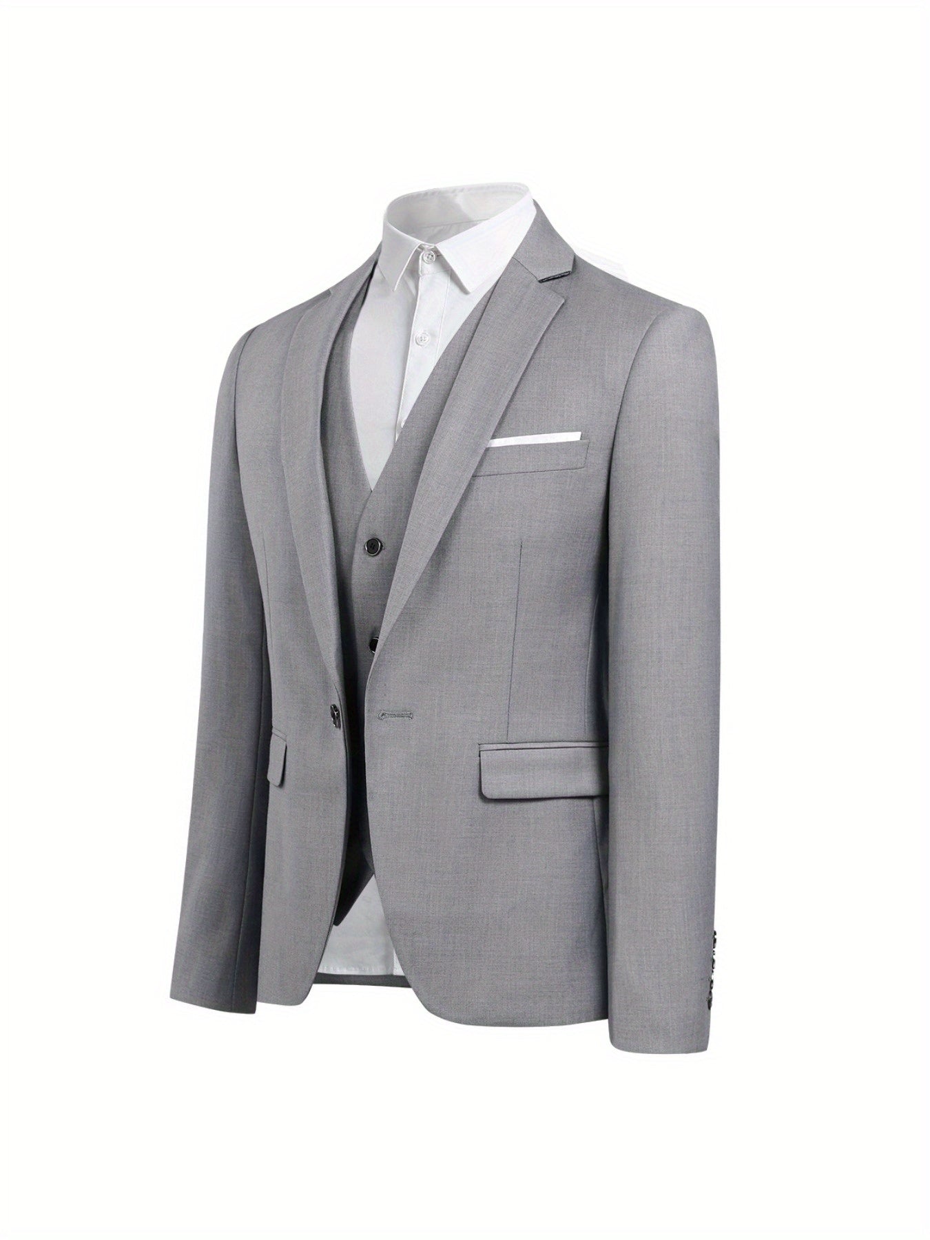 Men's Solid Color Polyester Single Button Jacket and Three-Piece Suit for Work
