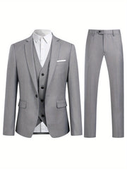 Men's Solid Color Polyester Single Button Jacket and Three-Piece Suit for Work