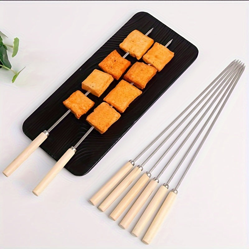 20 Stainless Steel Barbecue Skewers with Wooden Handles for Grilling and Outdoor Cooking